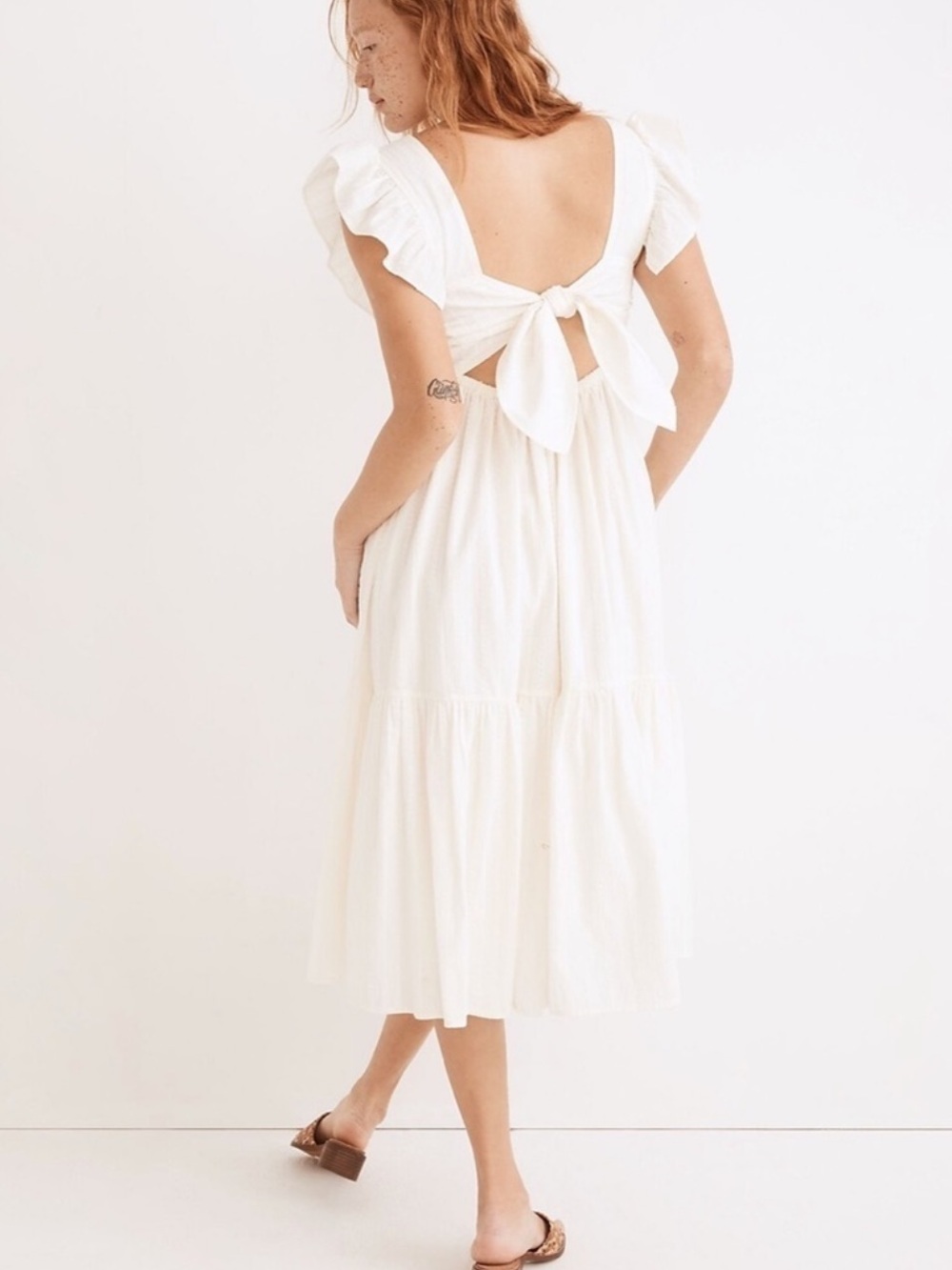 Madewell Ruffle Strap Tiered Midi Dress Textural Stripe Square Neck Ivory Large - Picture 3 of 8